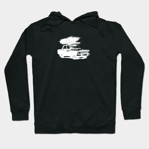 Christmas Tree on Vintage Car in Winter Hoodie by Spindriftdesigns